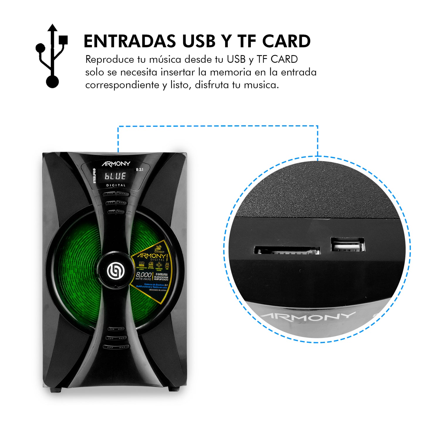 Steelpro Minicomponente Home Theater 8,000 W - Armony - b3.1 Color Negro Potencia RMS 475 W /USB / TF Card / BLUETOOTH Integrado / FM Tuning -Entrada Auxiliar / Iluminación Multicolor