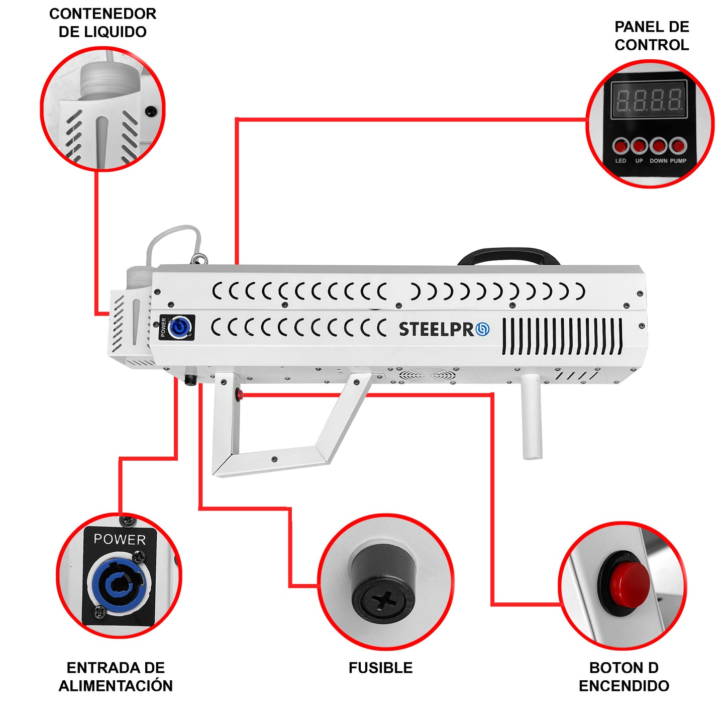 JET-500 Máquina Profesional De Humo Tipo Pistola Efecto Jet Fog 1500w Con Leds Steelpro