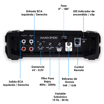 Amplificador Nano 2400 Clase D Steelpro para Subwoofer Monoblock Bass 2400W MAX 1 Ohm estable Alto Rendimiento Open Show, LPF, Bass Boost 12 dB,Filtro Subsonico, Fase Variable, Control de Bajos