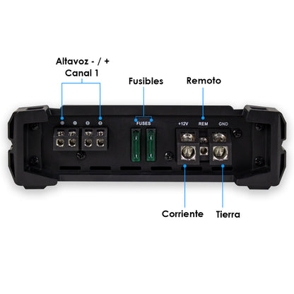 Amplificador Nano 1600 Steelpro para Subwoofer Monoblock Bass 1600W MAX 2 Ohm estable Alto Rendimiento Open Show, Crossover LPF/FULL, Bass Boost 12 dB, Fase Variable, Control de Bajos