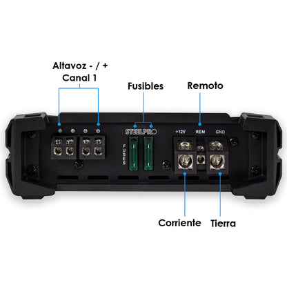 Amplificador Nano 2400 Clase D Steelpro para Subwoofer Monoblock Bass 2400W MAX 1 Ohm estable Alto Rendimiento Open Show, LPF, Bass Boost 12 dB,Filtro Subsonico, Fase Variable, Control de Bajos