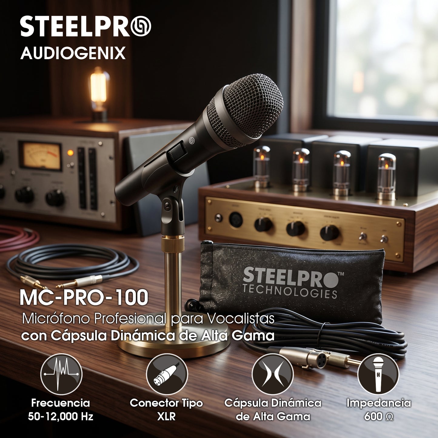 MC-PRO-100 Micrófono Profesional Para Vocalistas Cápsula Dinámica Cardioide XLR Audio En Vivo Karaoke Conferencias Eventos Respuesta 50Hz-12000Hz Steelpro