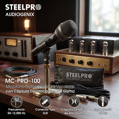 MC-PRO-100 Micrófono Profesional Para Vocalistas Cápsula Dinámica Cardioide XLR Audio En Vivo Karaoke Conferencias Eventos Respuesta 50Hz-12000Hz Steelpro