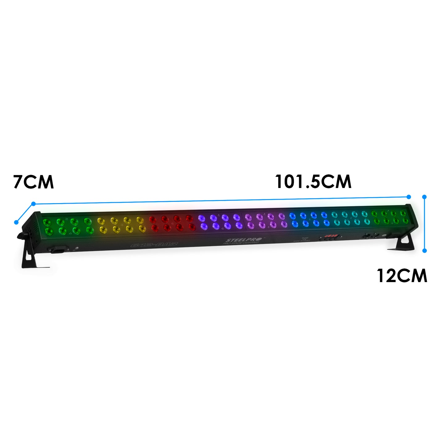 Barra LED 642-BAR (64x2W) RGB Full Color. Modos: DMX (hasta 26 ch), Auto y Audio. Incluye Dimmer y Estrobo. Ideal para escenarios. Medidas: 101.5x7x12cm. Peso: 2.18 Kg. Potencia y control profesional.