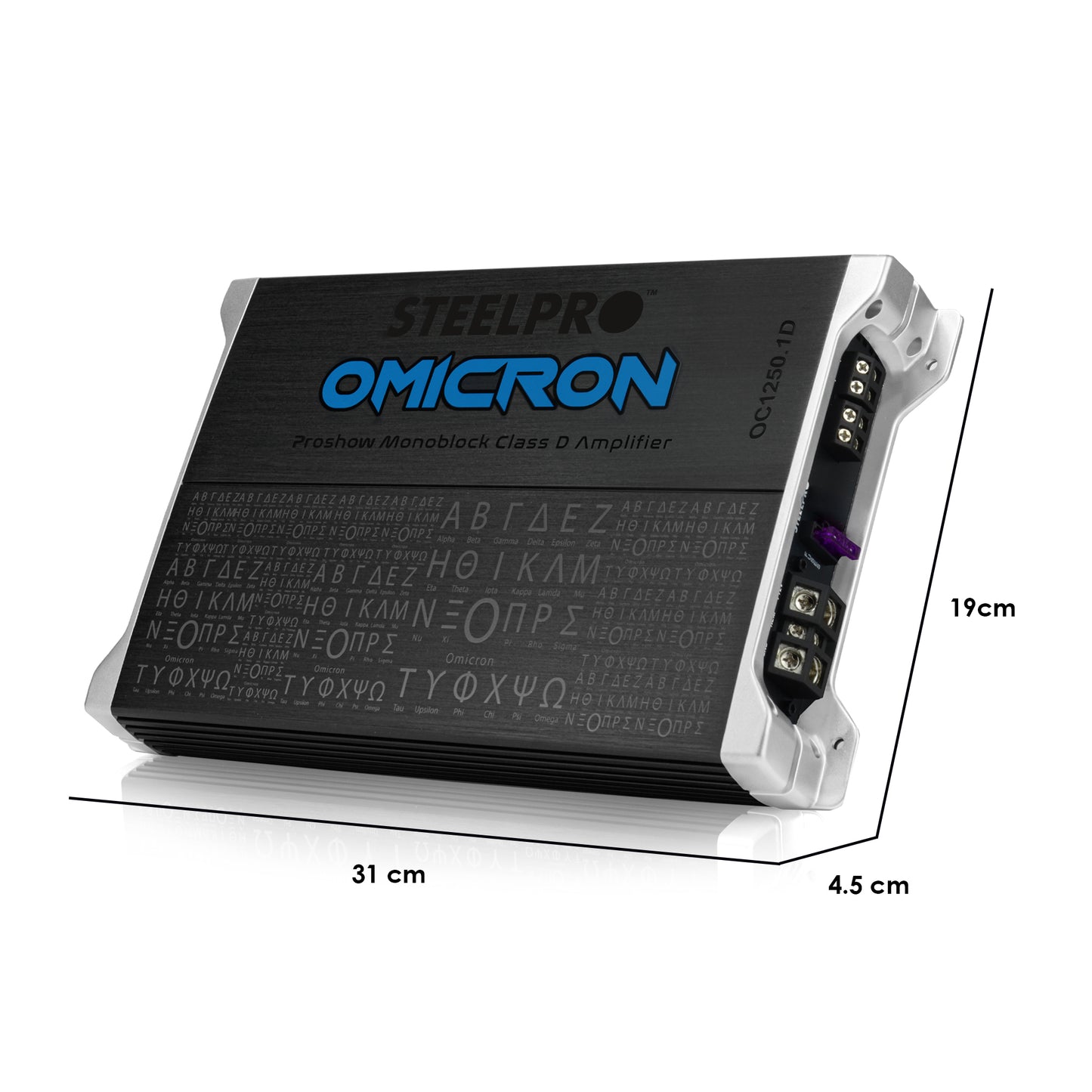 Amplificador OC-1250.1D Omicron by Steelpro para Subwoofer  Monoblock Bass 1250W MAX 2 Ohm estable Alto Rendimiento Open Show, Crossover LPF/FULL, Bass Boost 12 dB, Fase Variable, Control de Bajos