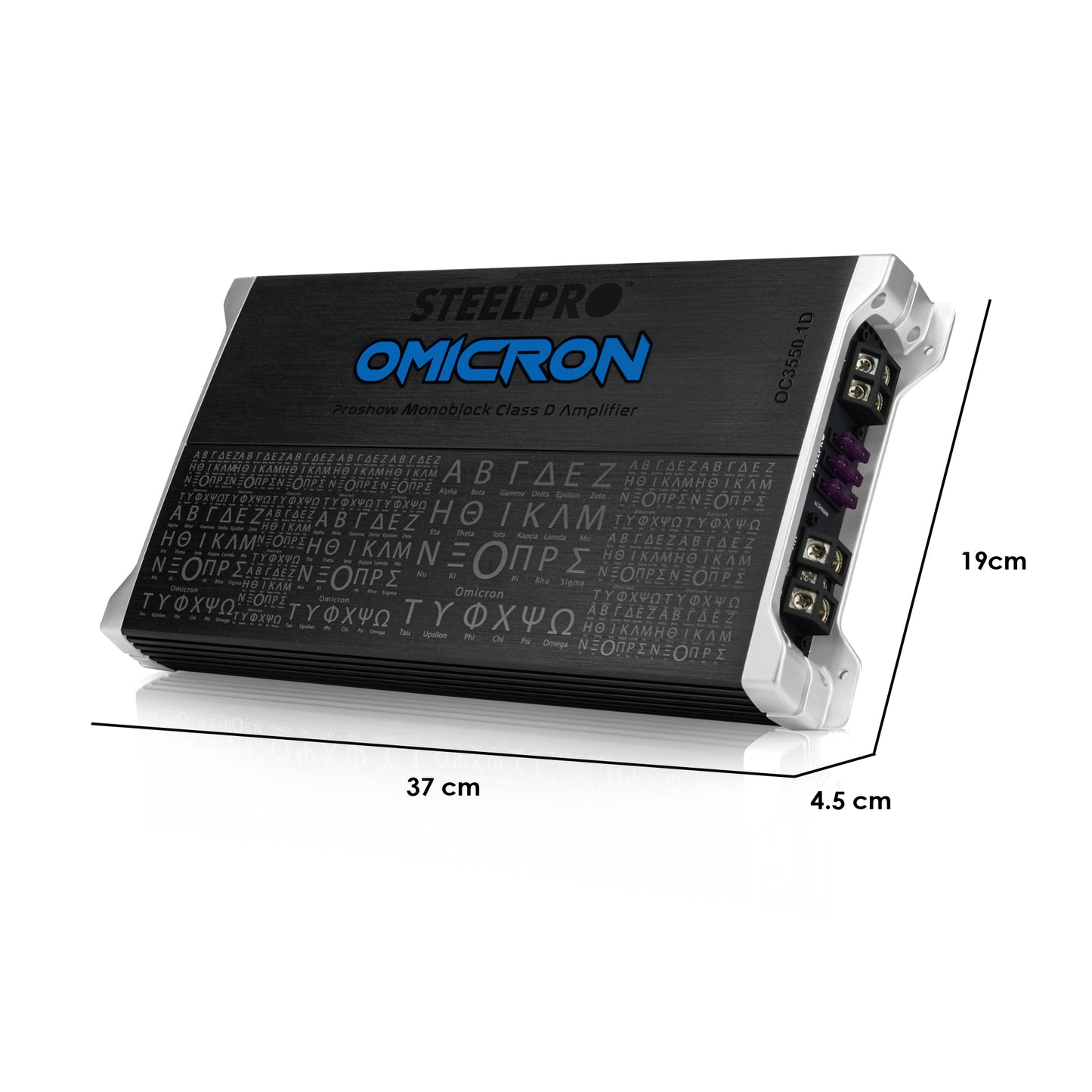Amplificador OC-3550.1D Clase D Omicron by Steelpro para Subwoofer Monoblock Bass 3550W MAX 1 Ohm estable Alto Rendimiento Open Show, LPF, Bass Boost 12 dB,Filtro Subsonico, Fase Variable, Control de Bajos