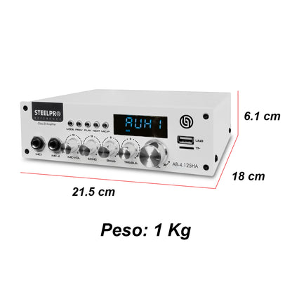 AB-4.125HA Amplificador de Audio 4 Canales Bluetooth 500W (4x125W) para Bocinas 8 Ohms Steelpro
