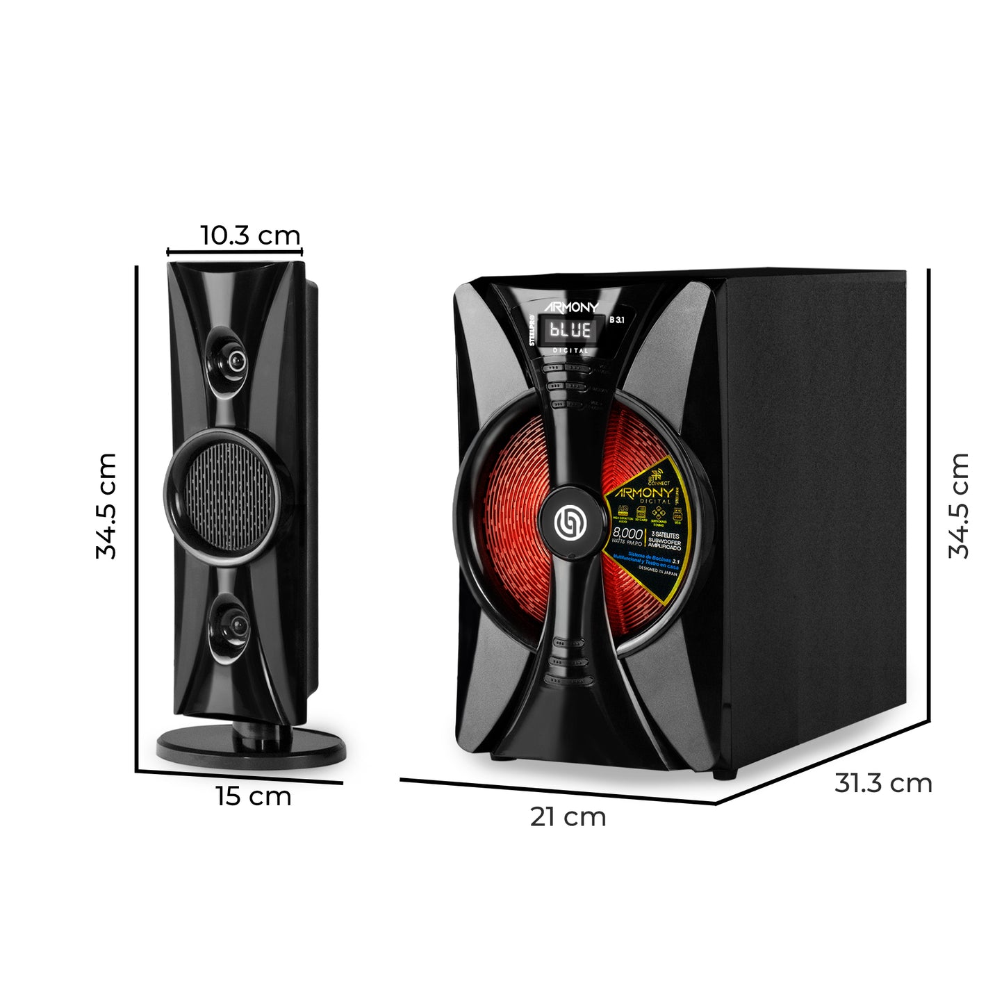 Steelpro Minicomponente Home Theater 8,000 W - Armony - b3.1 Color Negro Potencia RMS 475 W /USB / TF Card / BLUETOOTH Integrado / FM Tuning -Entrada Auxiliar / Iluminación Multicolor