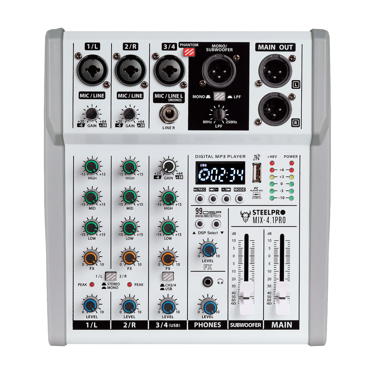 Steelpro MIX-4.1PRO Mezcladora de Audio Voz de Ardilla y Diablo 99 Efectos DSP 4.1 Canales Profesional con Salida Subwoofer Independiente EQ 3 Bandas LPF 80-250Hz Bluetooth USB Phantom 48V Interfaz PC