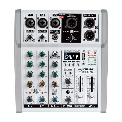 Steelpro MIX-4.1PRO Mezcladora de Audio Voz de Ardilla y Diablo 99 Efectos DSP 4.1 Canales Profesional con Salida Subwoofer Independiente EQ 3 Bandas LPF 80-250Hz Bluetooth USB Phantom 48V Interfaz PC