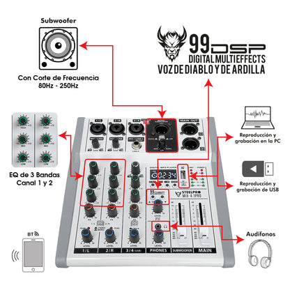 Steelpro MIX-4.1PRO Mezcladora de Audio Voz de Ardilla y Diablo 99 Efectos DSP 4.1 Canales Profesional con Salida Subwoofer Independiente EQ 3 Bandas LPF 80-250Hz Bluetooth USB Phantom 48V Interfaz PC