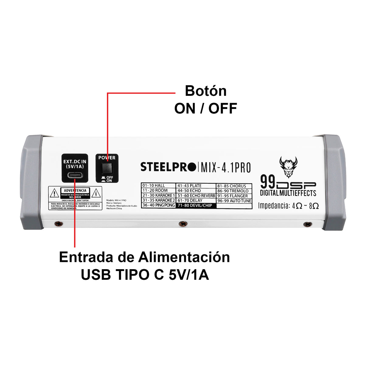 Steelpro MIX-4.1PRO Mezcladora de Audio Voz de Ardilla y Diablo 99 Efectos DSP 4.1 Canales Profesional con Salida Subwoofer Independiente EQ 3 Bandas LPF 80-250Hz Bluetooth USB Phantom 48V Interfaz PC