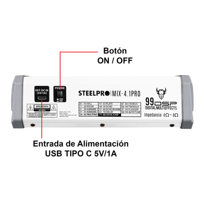 Steelpro MIX-4.1PRO Mezcladora de Audio Voz de Ardilla y Diablo 99 Efectos DSP 4.1 Canales Profesional con Salida Subwoofer Independiente EQ 3 Bandas LPF 80-250Hz Bluetooth USB Phantom 48V Interfaz PC