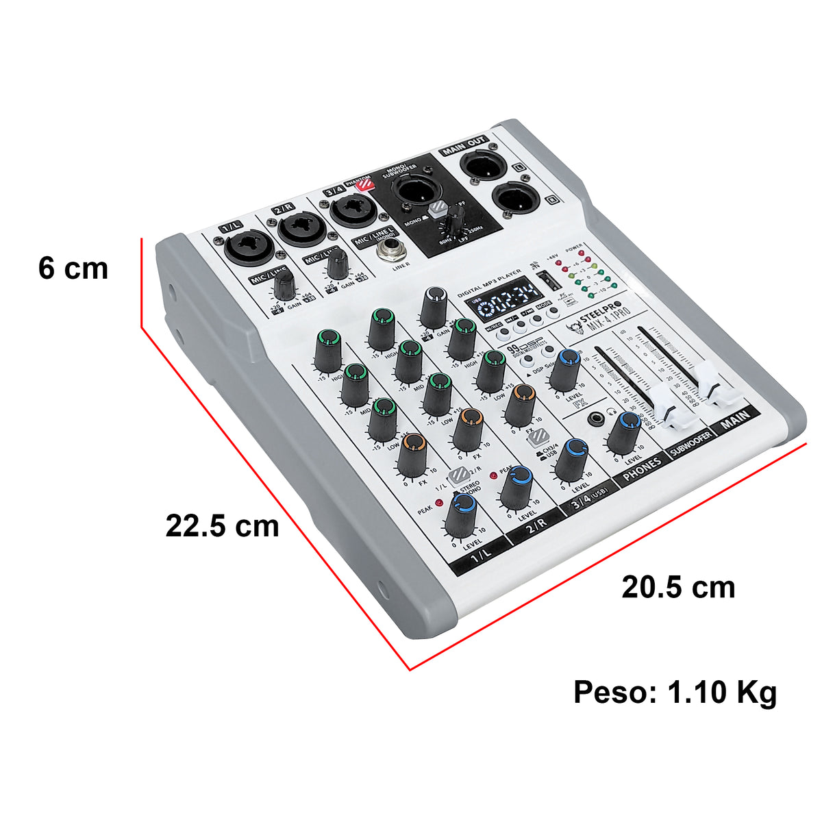 Steelpro MIX-4.1PRO Mezcladora de Audio Voz de Ardilla y Diablo 99 Efectos DSP 4.1 Canales Profesional con Salida Subwoofer Independiente EQ 3 Bandas LPF 80-250Hz Bluetooth USB Phantom 48V Interfaz PC