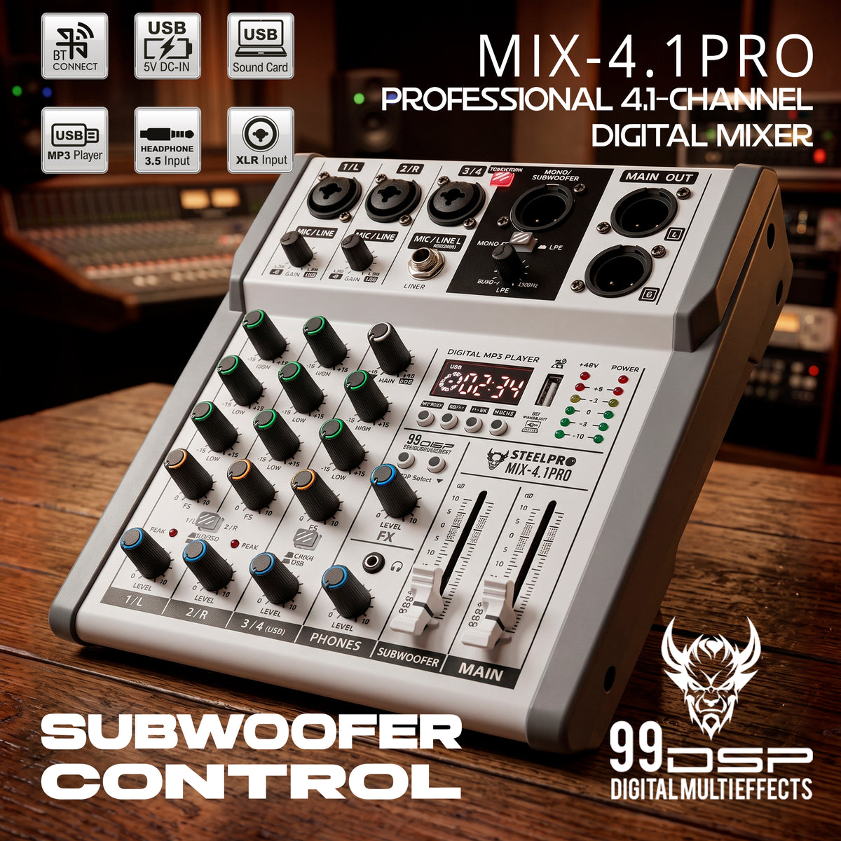 Steelpro MIX-4.1PRO Mezcladora de Audio Voz de Ardilla y Diablo 99 Efectos DSP 4.1 Canales Profesional con Salida Subwoofer Independiente EQ 3 Bandas LPF 80-250Hz Bluetooth USB Phantom 48V Interfaz PC
