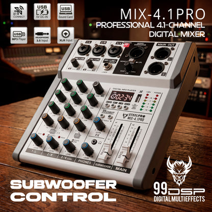 Steelpro MIX-4.1PRO Mezcladora de Audio Voz de Ardilla y Diablo 99 Efectos DSP 4.1 Canales Profesional con Salida Subwoofer Independiente EQ 3 Bandas LPF 80-250Hz Bluetooth USB Phantom 48V Interfaz PC