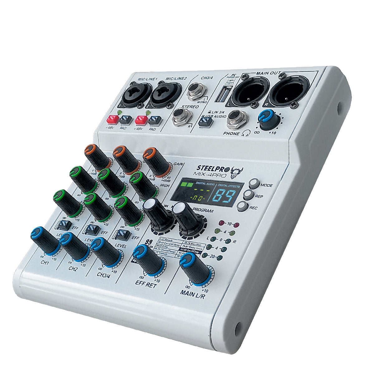 Mezcladora 4 Canales Dsp 99 Efectos Pro Bluetooth /usb Analogica Color Blanco Voz De Diablo Y Voz De Ardilla Steelpro