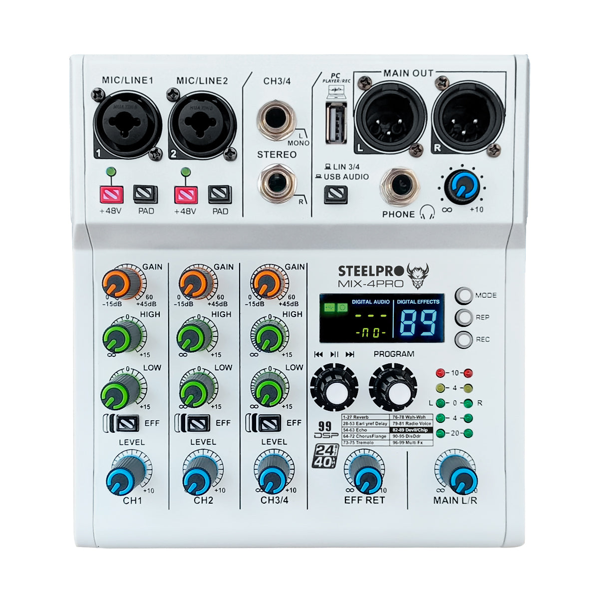 Mezcladora 4 Canales Dsp 99 Efectos Pro Bluetooth /usb Analogica Color Blanco Voz De Diablo Y Voz De Ardilla Steelpro