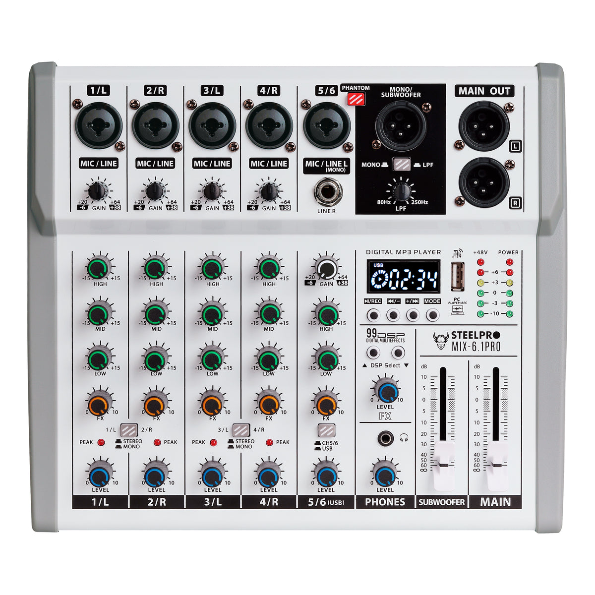 Steelpro MIX-6.1PRO Mezcladora de Audio Voz de Ardilla y Diablo 99 Efectos DSP 6.1 Canales Profesional con Salida Subwoofer Independiente EQ 3 Bandas LPF 80-250Hz Bluetooth USB Phantom 48V Interfaz PC