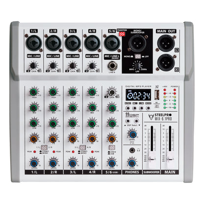 Steelpro MIX-6.1PRO Mezcladora de Audio Voz de Ardilla y Diablo 99 Efectos DSP 6.1 Canales Profesional con Salida Subwoofer Independiente EQ 3 Bandas LPF 80-250Hz Bluetooth USB Phantom 48V Interfaz PC