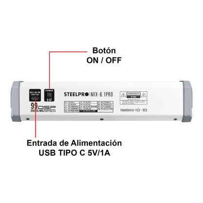 Steelpro MIX-6.1PRO Mezcladora de Audio Voz de Ardilla y Diablo 99 Efectos DSP 6.1 Canales Profesional con Salida Subwoofer Independiente EQ 3 Bandas LPF 80-250Hz Bluetooth USB Phantom 48V Interfaz PC