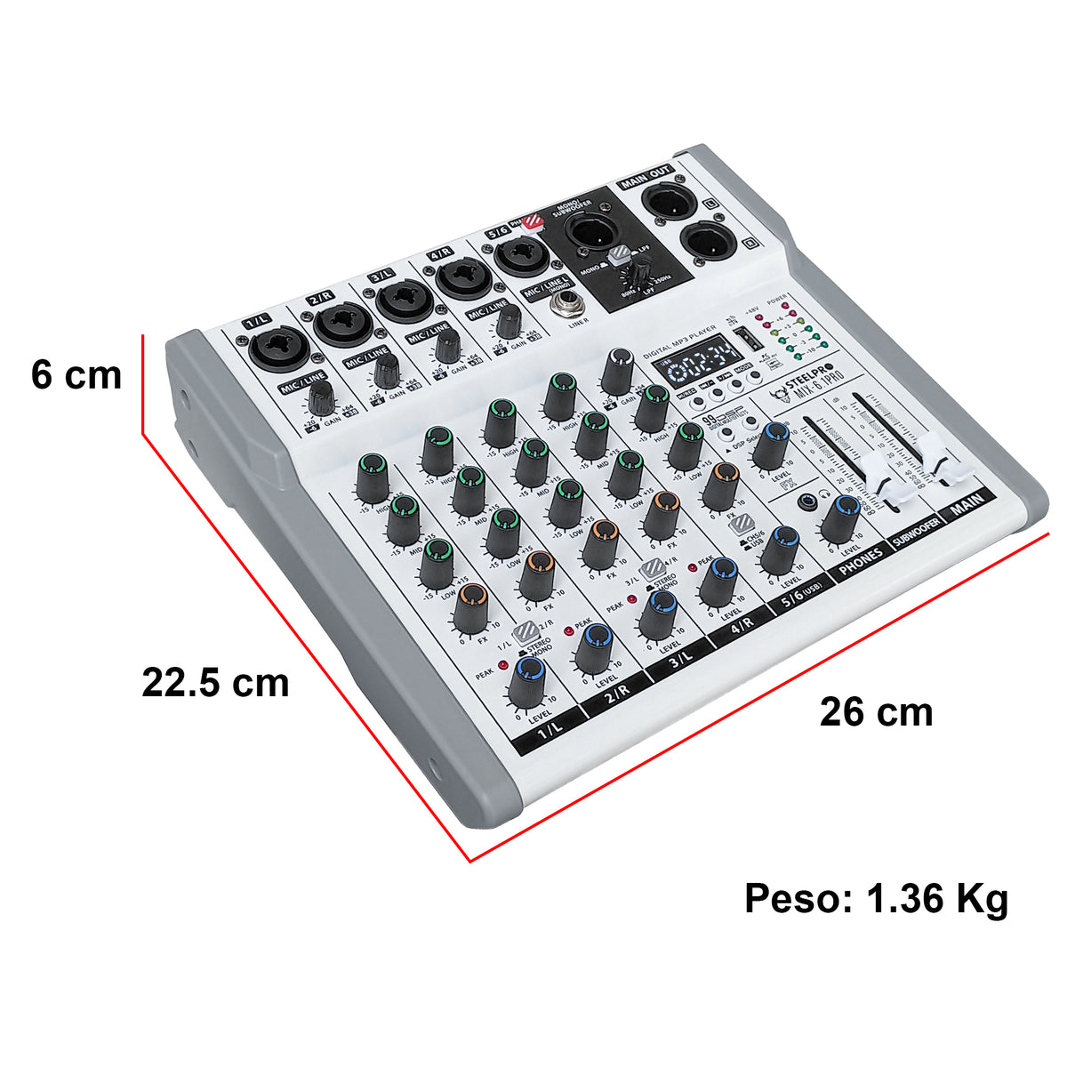 Steelpro MIX-6.1PRO Mezcladora de Audio Voz de Ardilla y Diablo 99 Efectos DSP 6.1 Canales Profesional con Salida Subwoofer Independiente EQ 3 Bandas LPF 80-250Hz Bluetooth USB Phantom 48V Interfaz PC
