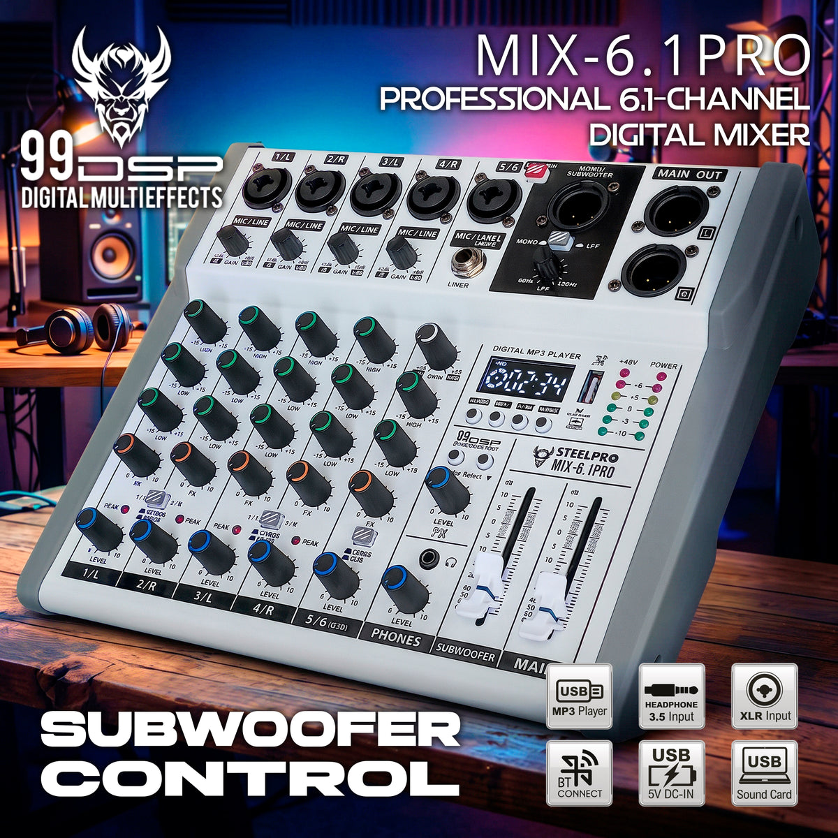 Steelpro MIX-6.1PRO Mezcladora de Audio Voz de Ardilla y Diablo 99 Efectos DSP 6.1 Canales Profesional con Salida Subwoofer Independiente EQ 3 Bandas LPF 80-250Hz Bluetooth USB Phantom 48V Interfaz PC