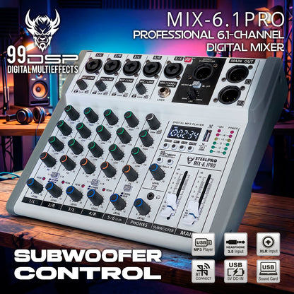 Steelpro MIX-6.1PRO Mezcladora de Audio Voz de Ardilla y Diablo 99 Efectos DSP 6.1 Canales Profesional con Salida Subwoofer Independiente EQ 3 Bandas LPF 80-250Hz Bluetooth USB Phantom 48V Interfaz PC