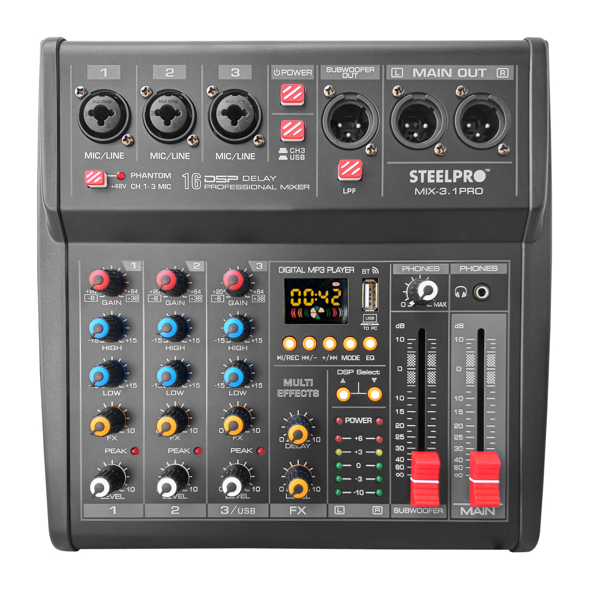 Mezcladora 4 Canales 3+subwoofer Xlr Bluetooth Usb Steelpro