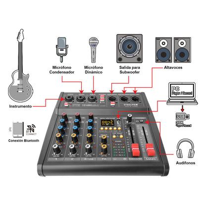 Mezcladora 4 Canales 3+subwoofer Xlr Bluetooth Usb Steelpro