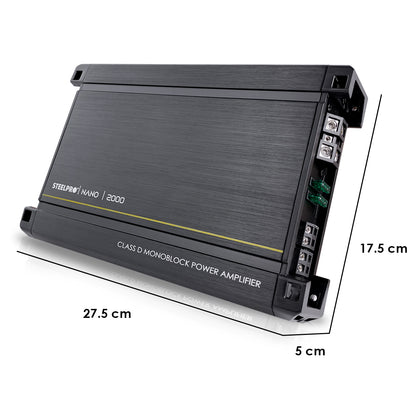 Amplificador Nano 2000 Clase D Steelpro para Subwoofer Monoblock Bass 2000W MAX 1 Ohm estable Alto Rendimiento Open Show, LPF, Bass Boost 12 dB,Filtro Subsonico, Fase Variable, Control de Bajos