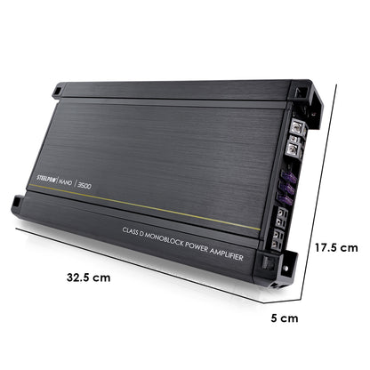 Amplificador Nano 3500 Clase D Steelpro para Subwoofer Monoblock Bass 3500W MAX 1 Ohm estable Alto Rendimiento Open Show, LPF, Bass Boost 12 dB,Filtro Subsonico, Fase Variable, Control de Bajos