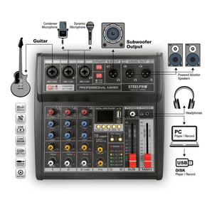 Mezcladora 4 Canales 3+subwoofer Xlr Bluetooth Usb Steelpro