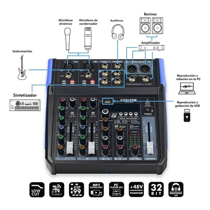 Mezcladora Audio 6 Canales 99 Efectos Bluetooth By Steelpro