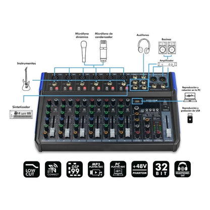Mezcladora Mixer De 10 Ch 99 Efectos Bluetooth Usb- Steelpro