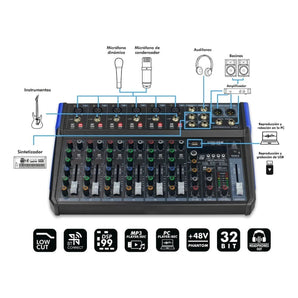 Mezcladora Mixer De 10 Ch 99 Efectos Bluetooth Usb- Steelpro