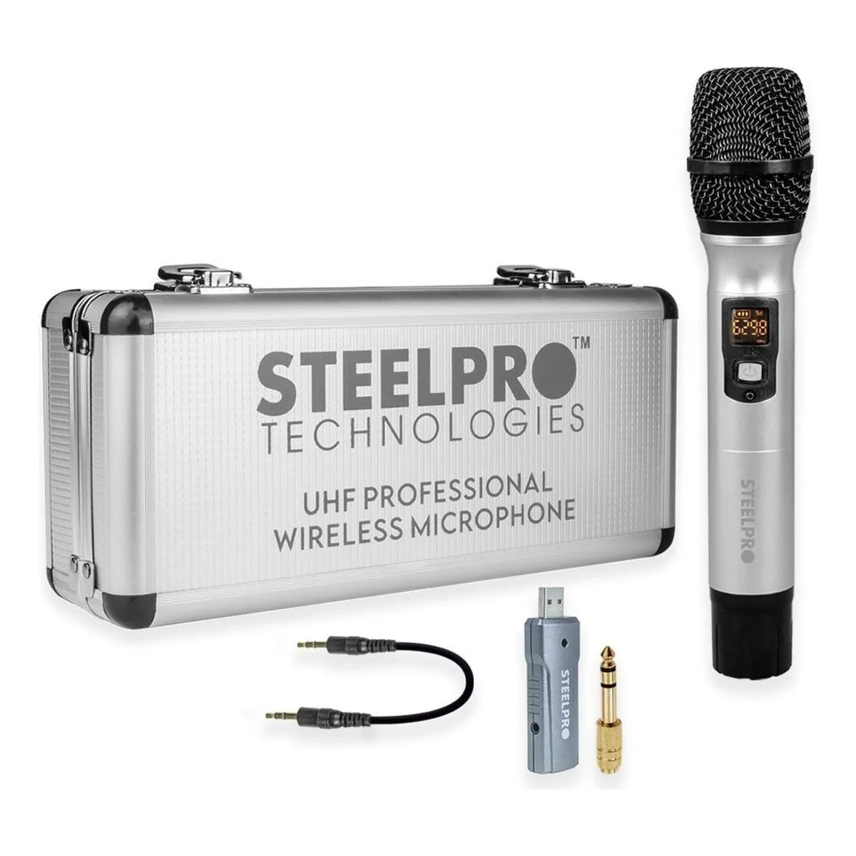 Microfono Inalambrico 70m Alcance Uhf Con Maleta Steelpro Color Plateado
