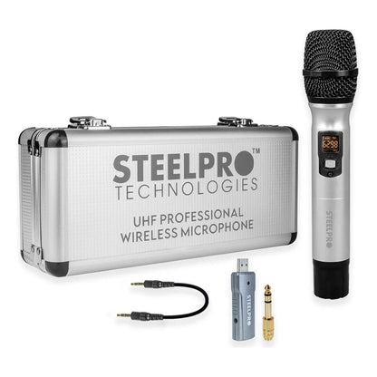 Microfono Inalambrico 70m Alcance Uhf Con Maleta Steelpro Color Plateado