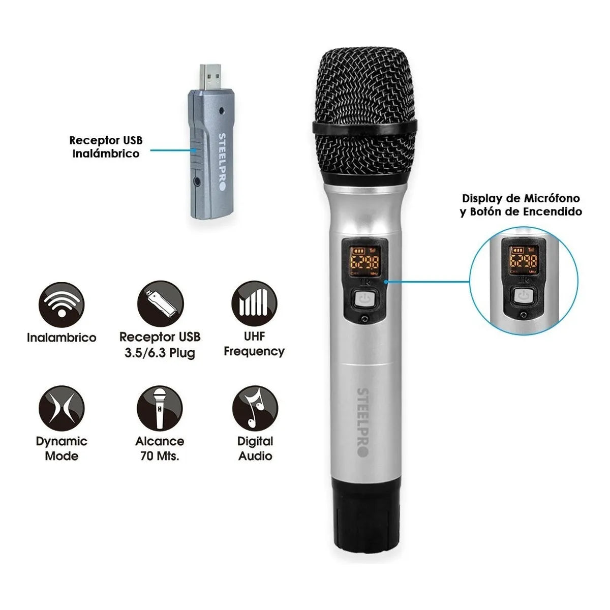 Microfono Inalambrico 70m Alcance Uhf Con Maleta Steelpro Color Plateado