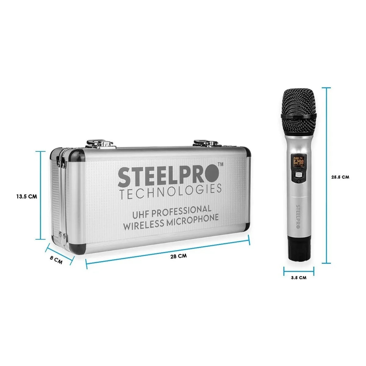 Microfono Inalambrico 70m Alcance Uhf Con Maleta Steelpro Color Plateado
