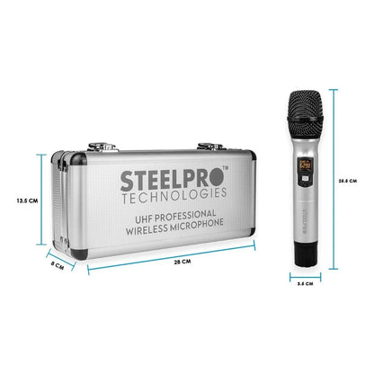 Microfono Inalambrico 70m Alcance Uhf Con Maleta Steelpro Color Plateado