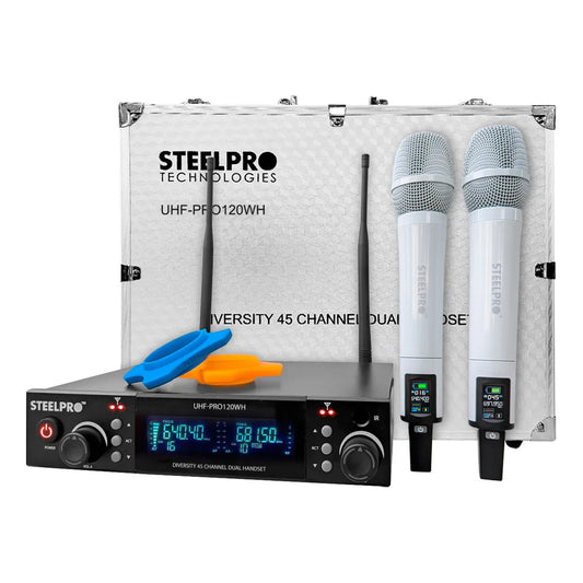 Microfono Uhf-pro120wh Profesional Steelpro Diversity 45ch 120 Metros Color Blanco