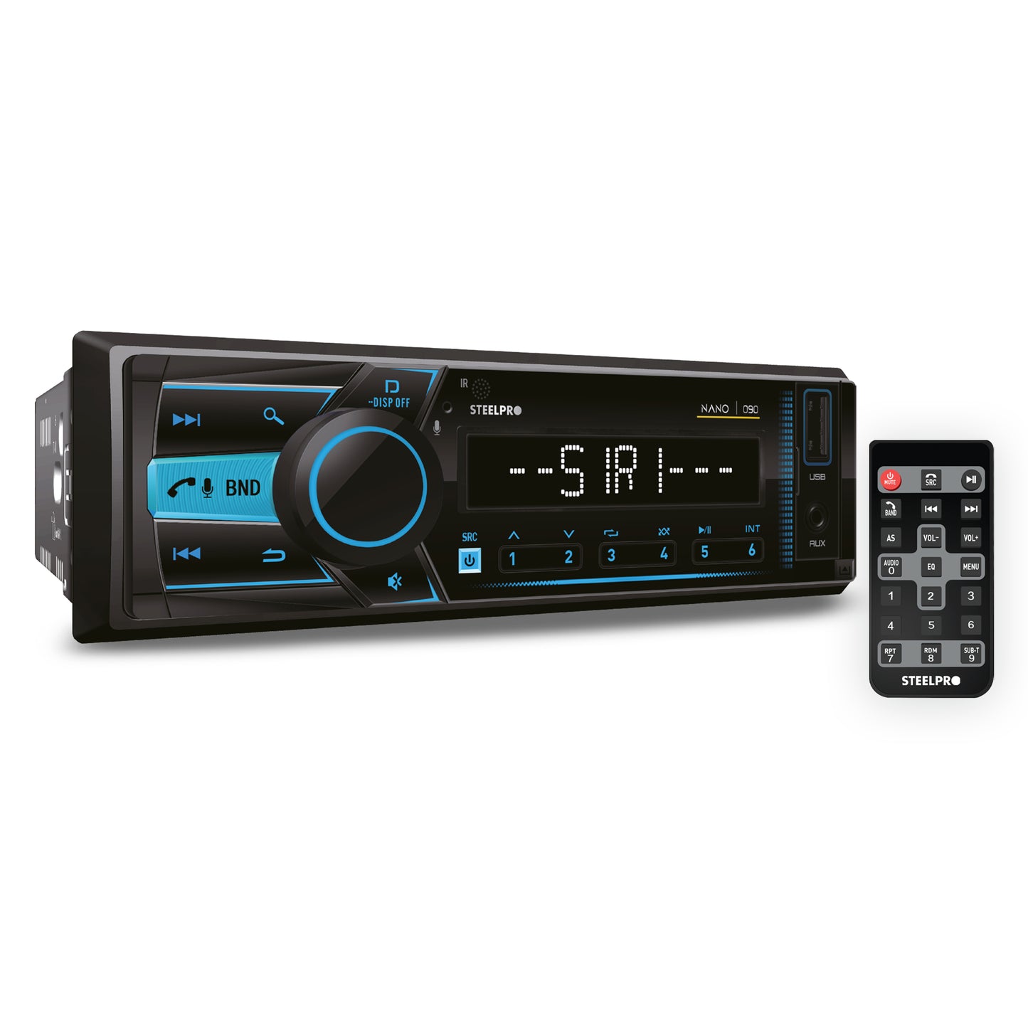 Autoestéreo 1 Din Steelpro NANO-090 Bluetooth 100W x4 USB FM Control Volante 4 RCA Subwoofer