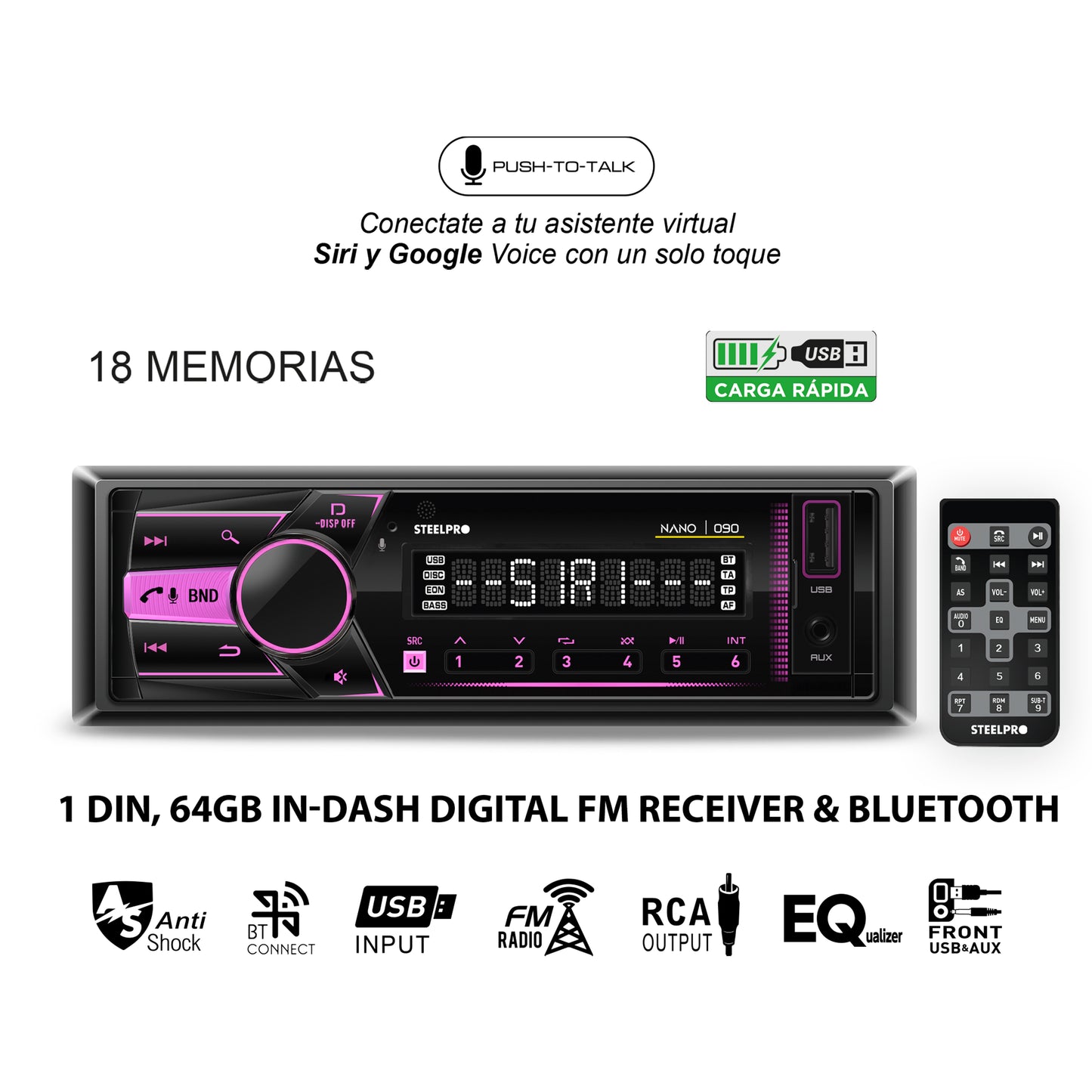 Autoestéreo 1 Din Steelpro NANO-090 Bluetooth 100W x4 USB FM Control Volante 4 RCA Subwoofer