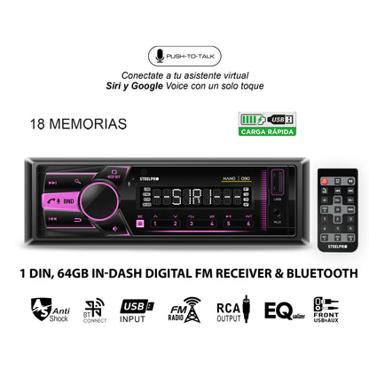 Autoestéreo 1 Din Steelpro NANO-090 Bluetooth 100W x4 USB FM Control Volante 4 RCA Subwoofer