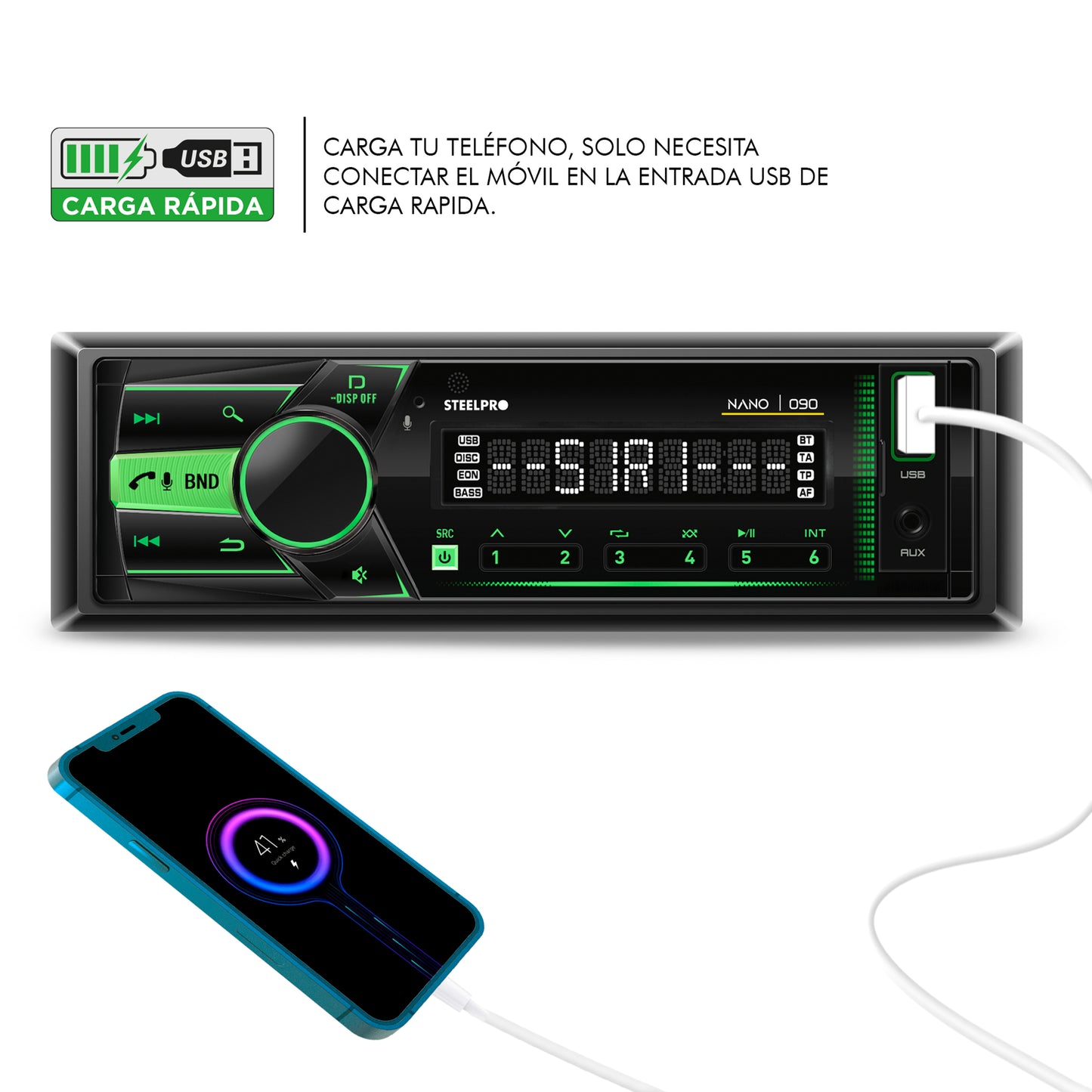 Autoestéreo 1 Din Steelpro NANO-090 Bluetooth 100W x4 USB FM Control Volante 4 RCA Subwoofer