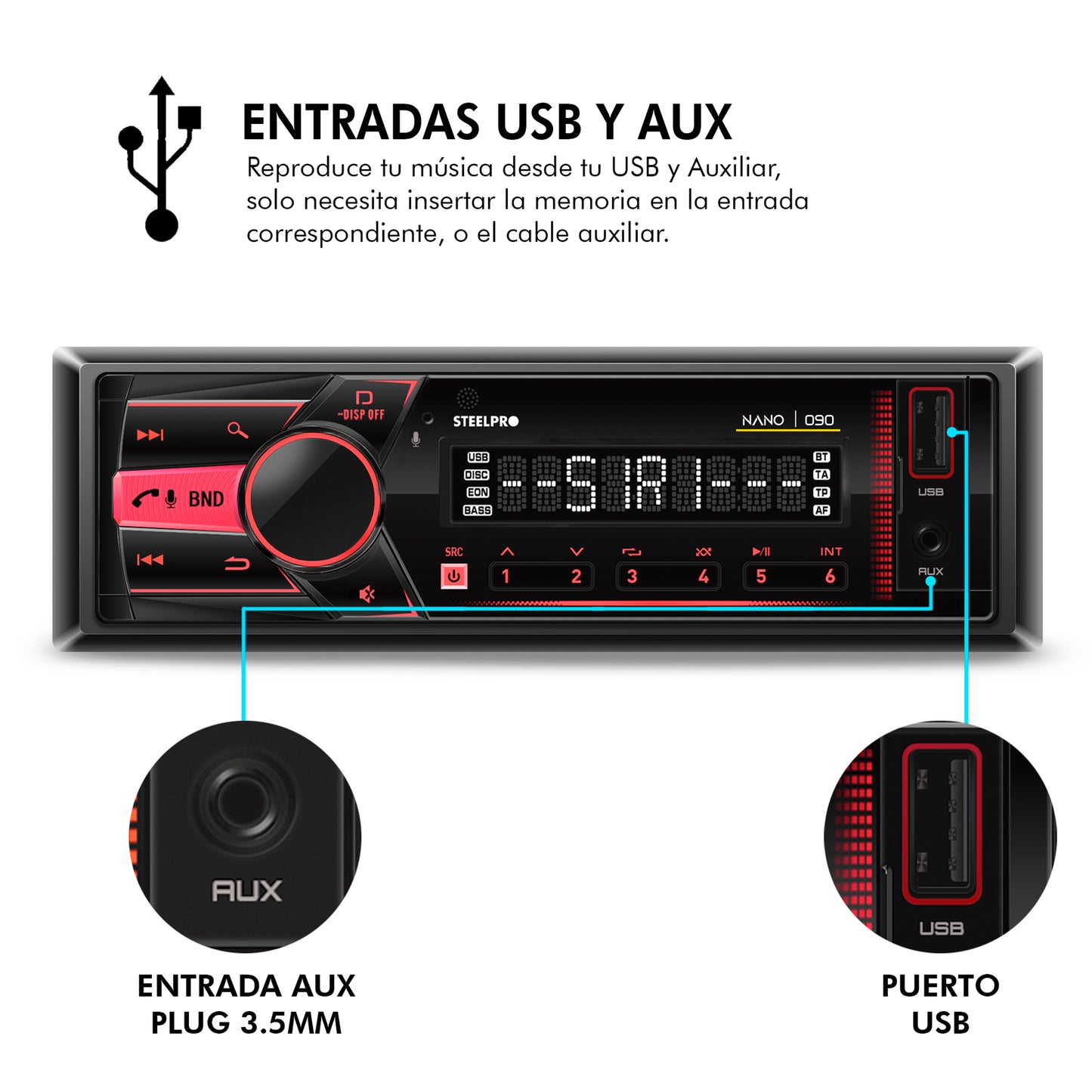 Autoestéreo 1 Din Steelpro NANO-090 Bluetooth 100W x4 USB FM Control Volante 4 RCA Subwoofer