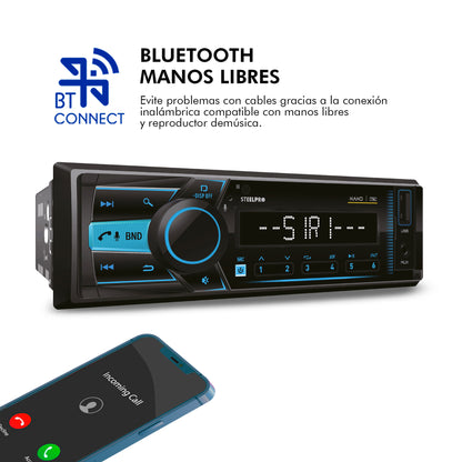 Autoestéreo 1 Din Steelpro NANO-090 Bluetooth 100W x4 USB FM Control Volante 4 RCA Subwoofer