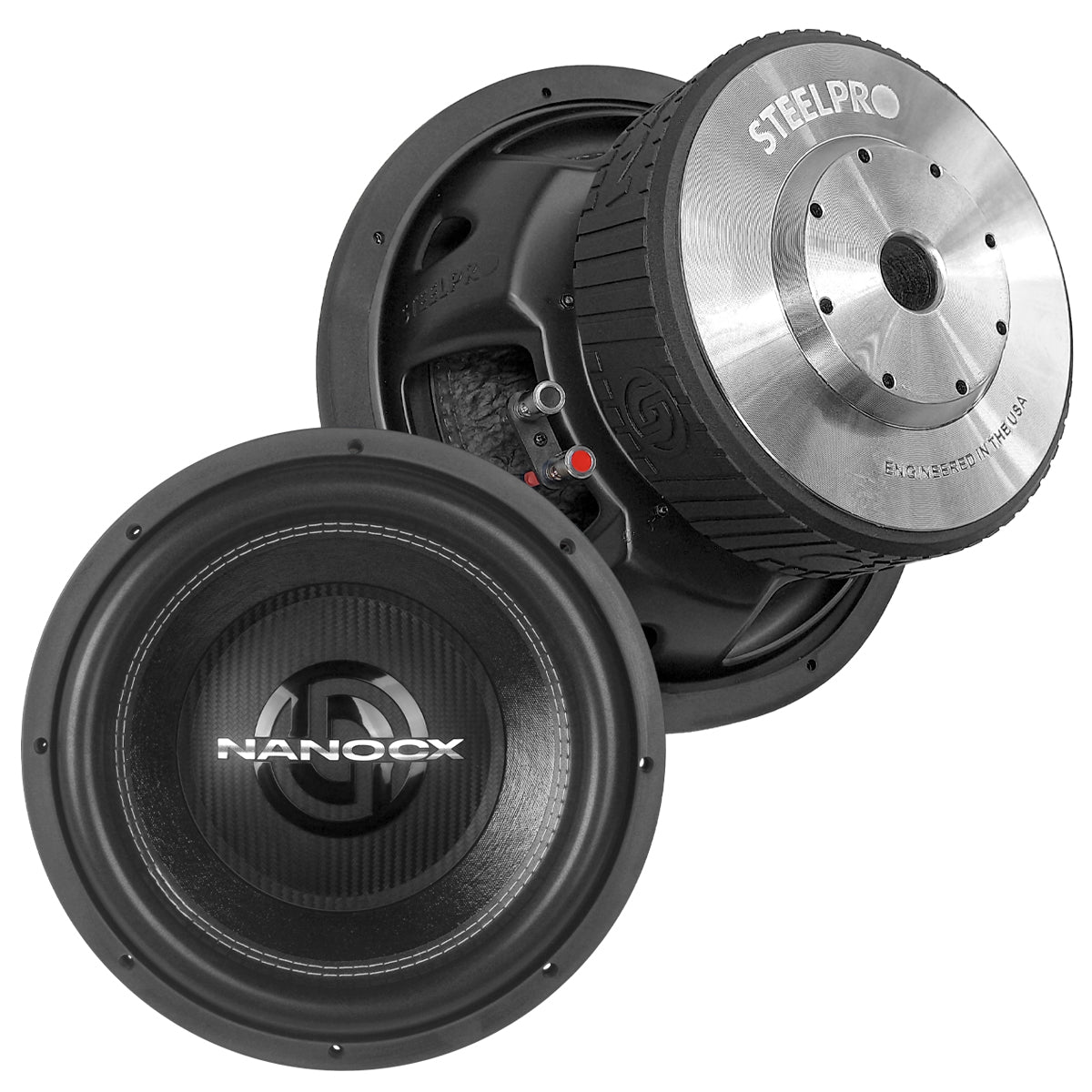 NANO-CX12 Subwoofer 12 Pulgadas 3600w Doble Bobina Impedancia 4+4 Ohms Dustcap Fibra Carbono Openshow Terminales Push Ancha Suspensión De Goma Steelpro