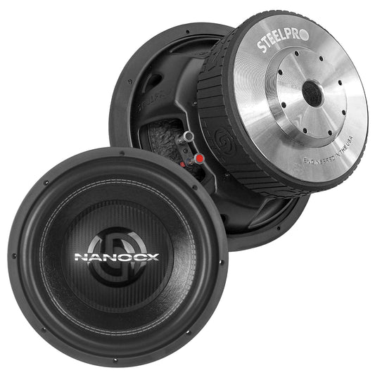 NANO-CX12 Subwoofer 12 Pulgadas 3600w Doble Bobina Impedancia 4+4 Ohms Dustcap Fibra Carbono Openshow Terminales Push Ancha Suspensión De Goma Steelpro
